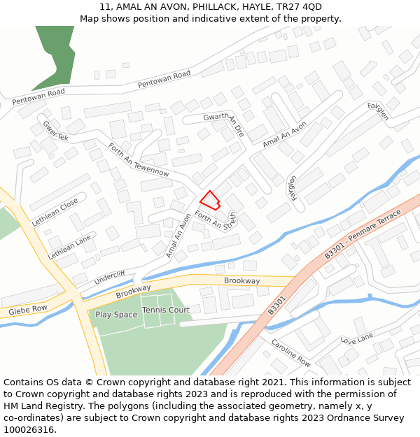 11, AMAL AN AVON, PHILLACK, HAYLE, TR27 4QD: Location map and indicative extent of plot