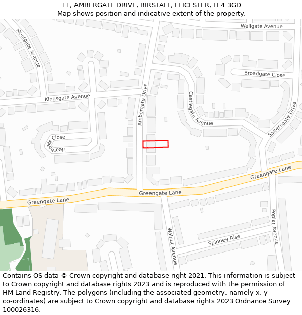 11, AMBERGATE DRIVE, BIRSTALL, LEICESTER, LE4 3GD: Location map and indicative extent of plot