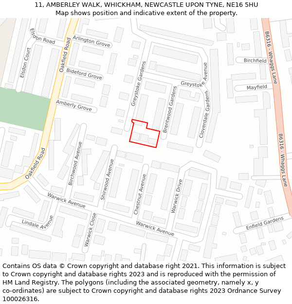 11, AMBERLEY WALK, WHICKHAM, NEWCASTLE UPON TYNE, NE16 5HU: Location map and indicative extent of plot