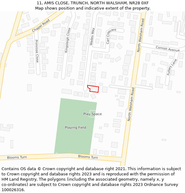 11, AMIS CLOSE, TRUNCH, NORTH WALSHAM, NR28 0XF: Location map and indicative extent of plot