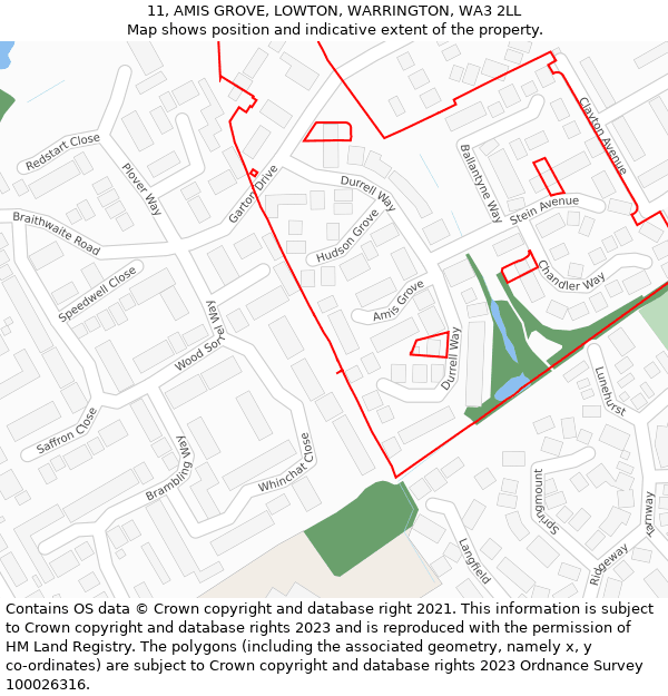 11, AMIS GROVE, LOWTON, WARRINGTON, WA3 2LL: Location map and indicative extent of plot