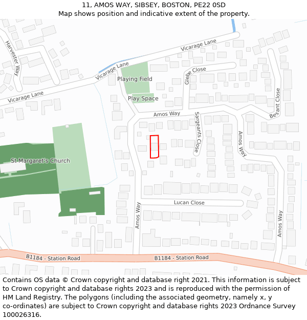 11, AMOS WAY, SIBSEY, BOSTON, PE22 0SD: Location map and indicative extent of plot