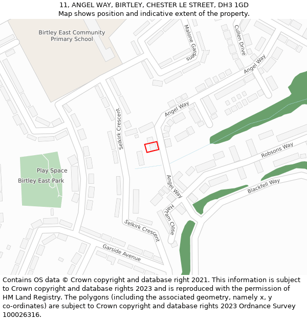 11, ANGEL WAY, BIRTLEY, CHESTER LE STREET, DH3 1GD: Location map and indicative extent of plot