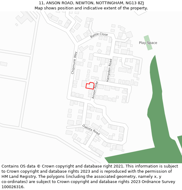 11, ANSON ROAD, NEWTON, NOTTINGHAM, NG13 8ZJ: Location map and indicative extent of plot