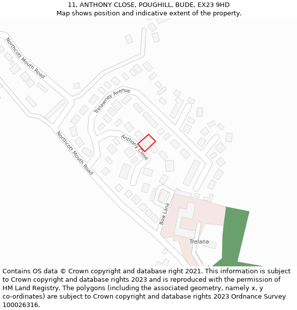 11, ANTHONY CLOSE, POUGHILL, BUDE, EX23 9HD: Location map and indicative extent of plot