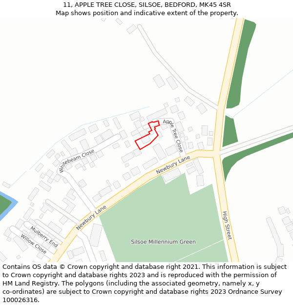 11, APPLE TREE CLOSE, SILSOE, BEDFORD, MK45 4SR: Location map and indicative extent of plot