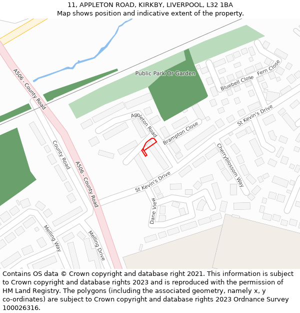 11, APPLETON ROAD, KIRKBY, LIVERPOOL, L32 1BA: Location map and indicative extent of plot