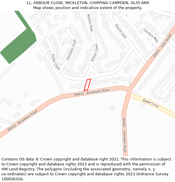 11, ARBOUR CLOSE, MICKLETON, CHIPPING CAMPDEN, GL55 6RR: Location map and indicative extent of plot