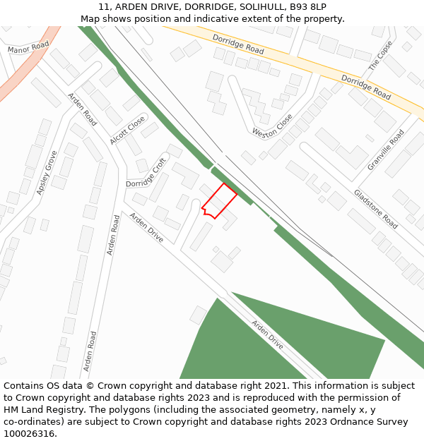 11, ARDEN DRIVE, DORRIDGE, SOLIHULL, B93 8LP: Location map and indicative extent of plot