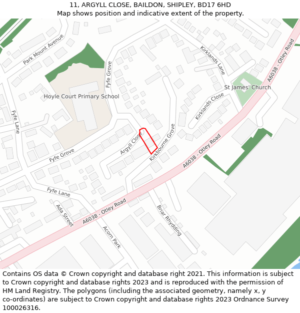 11, ARGYLL CLOSE, BAILDON, SHIPLEY, BD17 6HD: Location map and indicative extent of plot