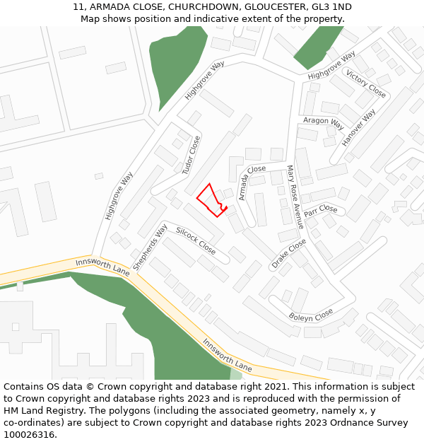 11, ARMADA CLOSE, CHURCHDOWN, GLOUCESTER, GL3 1ND: Location map and indicative extent of plot