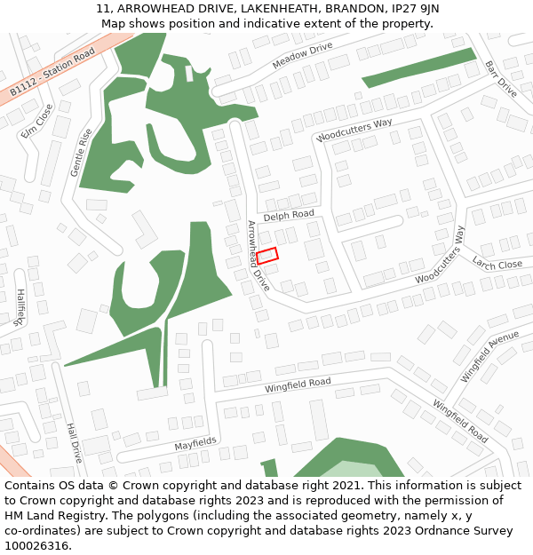 11, ARROWHEAD DRIVE, LAKENHEATH, BRANDON, IP27 9JN: Location map and indicative extent of plot