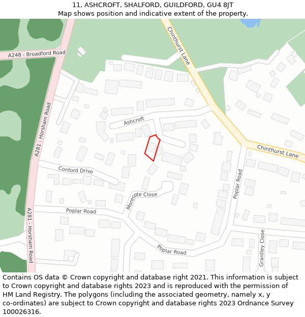 11, ASHCROFT, SHALFORD, GUILDFORD, GU4 8JT: Location map and indicative extent of plot