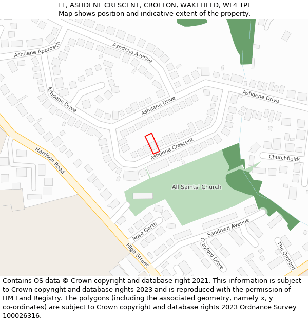 11, ASHDENE CRESCENT, CROFTON, WAKEFIELD, WF4 1PL: Location map and indicative extent of plot