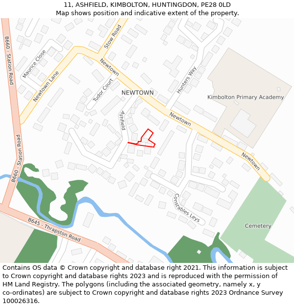11, ASHFIELD, KIMBOLTON, HUNTINGDON, PE28 0LD: Location map and indicative extent of plot