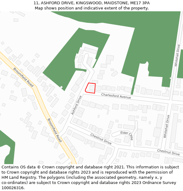 11, ASHFORD DRIVE, KINGSWOOD, MAIDSTONE, ME17 3PA: Location map and indicative extent of plot