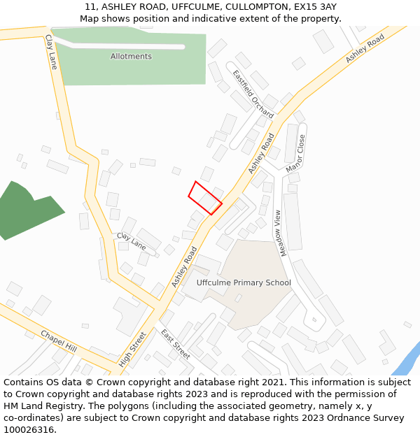 11, ASHLEY ROAD, UFFCULME, CULLOMPTON, EX15 3AY: Location map and indicative extent of plot
