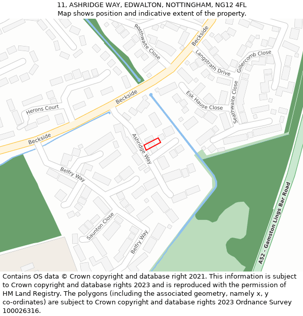 11, ASHRIDGE WAY, EDWALTON, NOTTINGHAM, NG12 4FL: Location map and indicative extent of plot