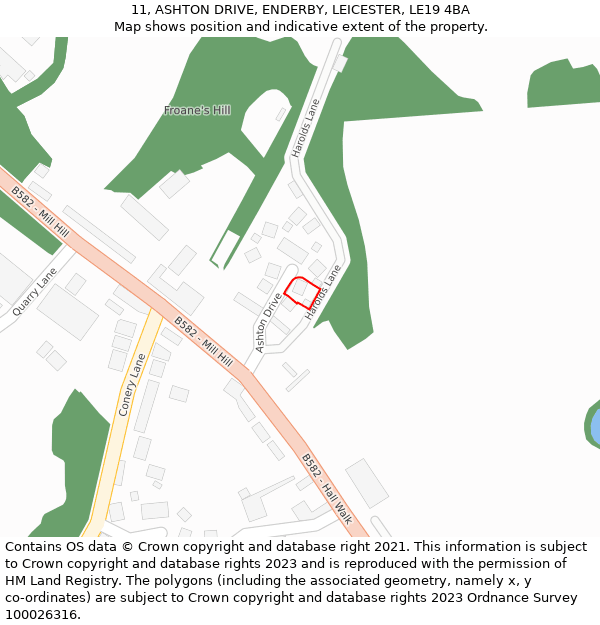 11, ASHTON DRIVE, ENDERBY, LEICESTER, LE19 4BA: Location map and indicative extent of plot