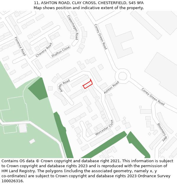 11, ASHTON ROAD, CLAY CROSS, CHESTERFIELD, S45 9FA: Location map and indicative extent of plot