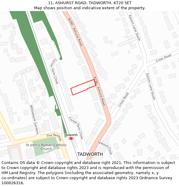 11, ASHURST ROAD, TADWORTH, KT20 5ET: Location map and indicative extent of plot