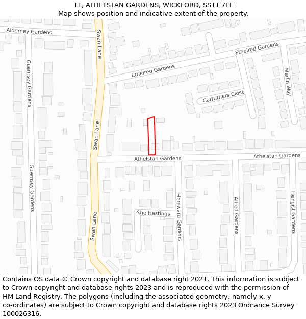 11, ATHELSTAN GARDENS, WICKFORD, SS11 7EE: Location map and indicative extent of plot