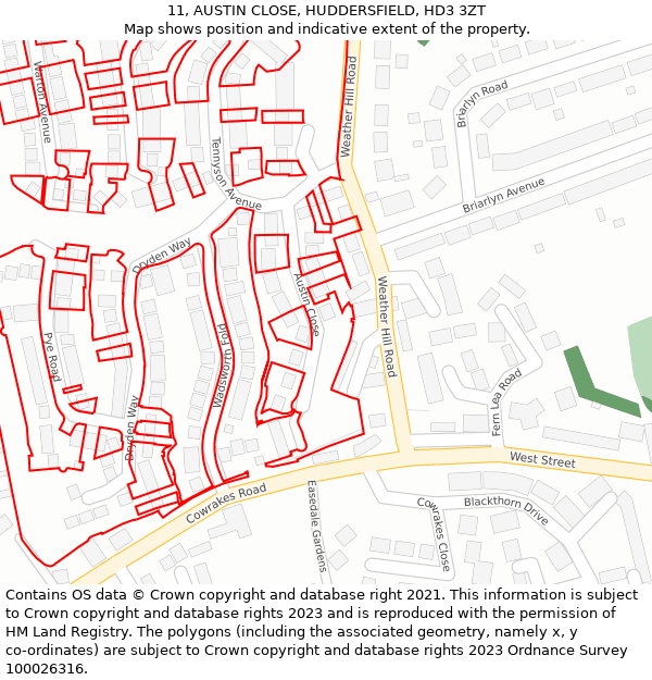 11, AUSTIN CLOSE, HUDDERSFIELD, HD3 3ZT: Location map and indicative extent of plot