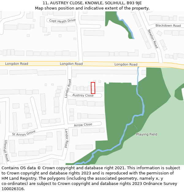 11, AUSTREY CLOSE, KNOWLE, SOLIHULL, B93 9JE: Location map and indicative extent of plot