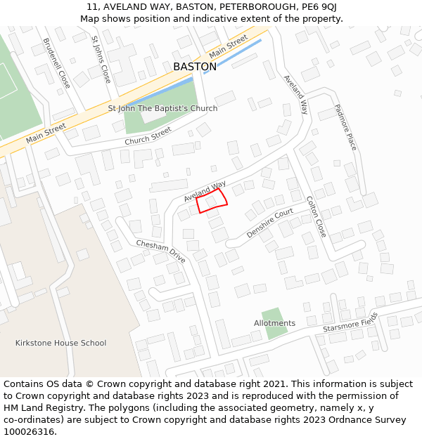 11, AVELAND WAY, BASTON, PETERBOROUGH, PE6 9QJ: Location map and indicative extent of plot