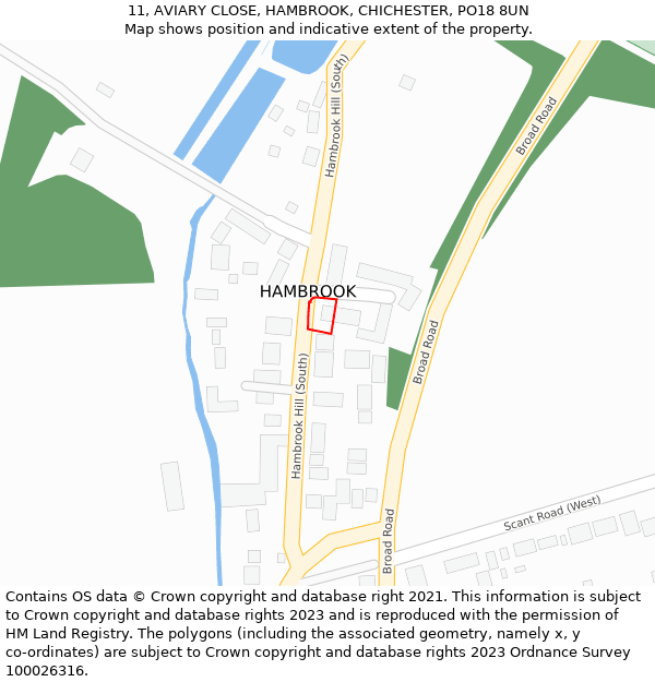 11, AVIARY CLOSE, HAMBROOK, CHICHESTER, PO18 8UN: Location map and indicative extent of plot