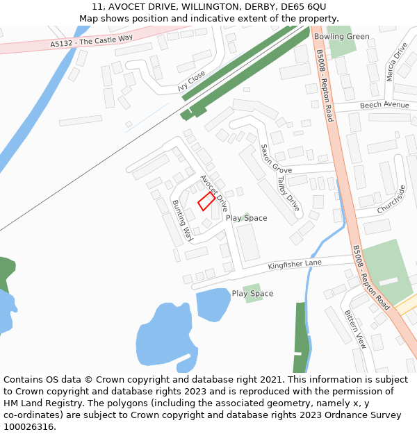 11, AVOCET DRIVE, WILLINGTON, DERBY, DE65 6QU: Location map and indicative extent of plot