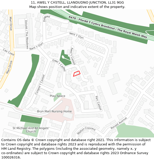 11, AWEL Y CASTELL, LLANDUDNO JUNCTION, LL31 9GG: Location map and indicative extent of plot