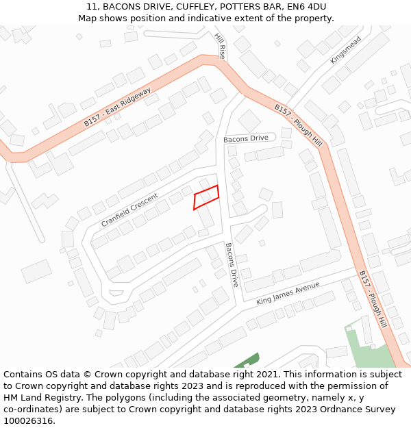 11, BACONS DRIVE, CUFFLEY, POTTERS BAR, EN6 4DU: Location map and indicative extent of plot