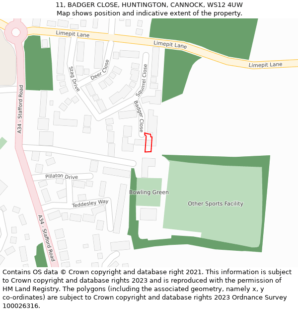 11, BADGER CLOSE, HUNTINGTON, CANNOCK, WS12 4UW: Location map and indicative extent of plot