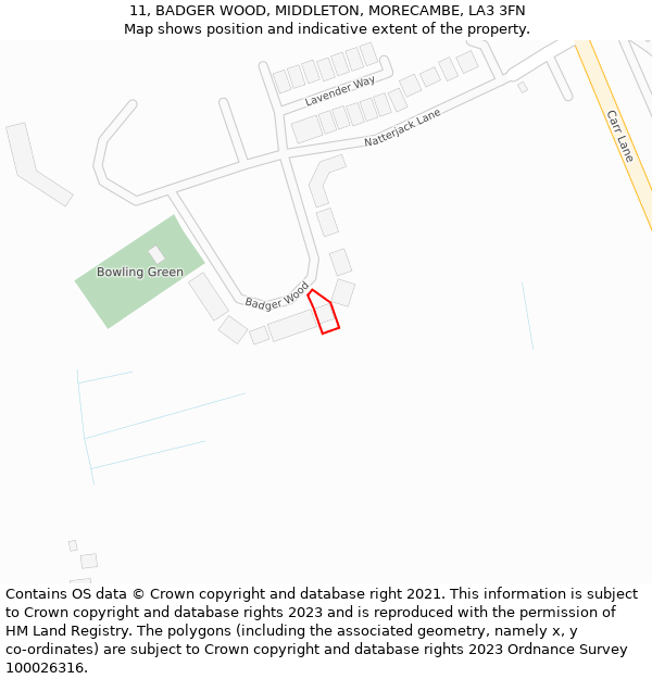 11, BADGER WOOD, MIDDLETON, MORECAMBE, LA3 3FN: Location map and indicative extent of plot