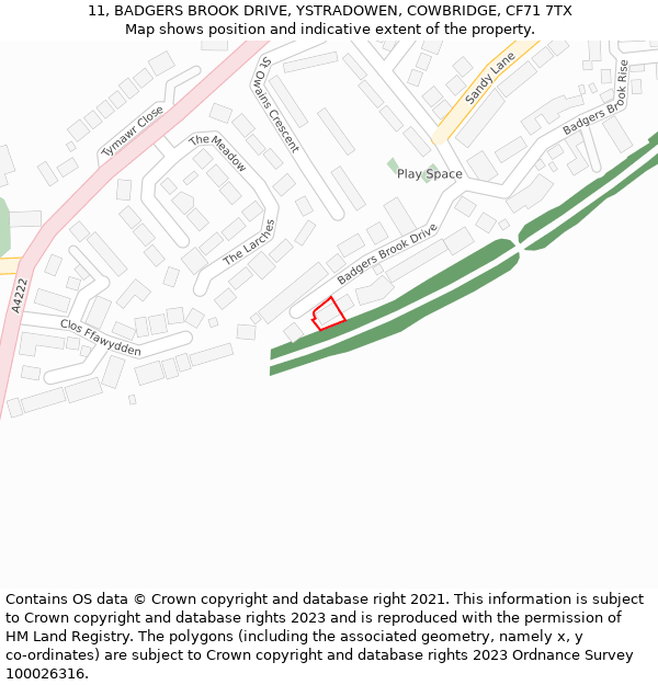 11, BADGERS BROOK DRIVE, YSTRADOWEN, COWBRIDGE, CF71 7TX: Location map and indicative extent of plot