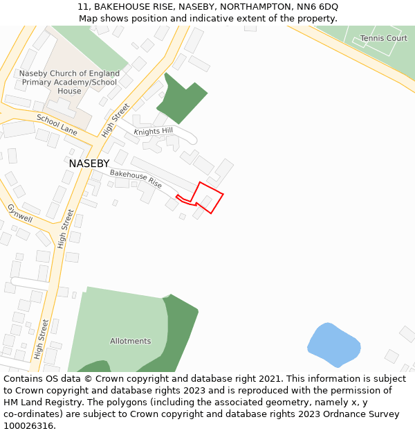 11, BAKEHOUSE RISE, NASEBY, NORTHAMPTON, NN6 6DQ: Location map and indicative extent of plot