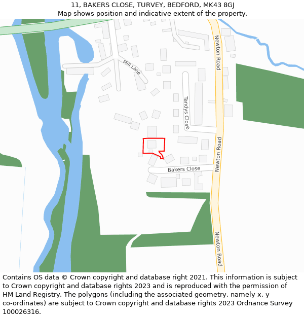 11, BAKERS CLOSE, TURVEY, BEDFORD, MK43 8GJ: Location map and indicative extent of plot