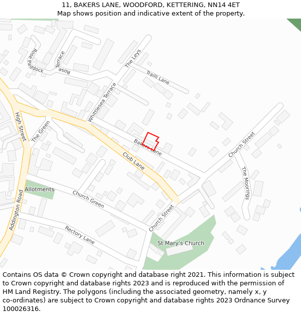 11, BAKERS LANE, WOODFORD, KETTERING, NN14 4ET: Location map and indicative extent of plot