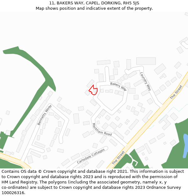 11, BAKERS WAY, CAPEL, DORKING, RH5 5JS: Location map and indicative extent of plot