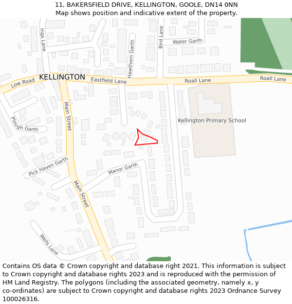 11, BAKERSFIELD DRIVE, KELLINGTON, GOOLE, DN14 0NN: Location map and indicative extent of plot