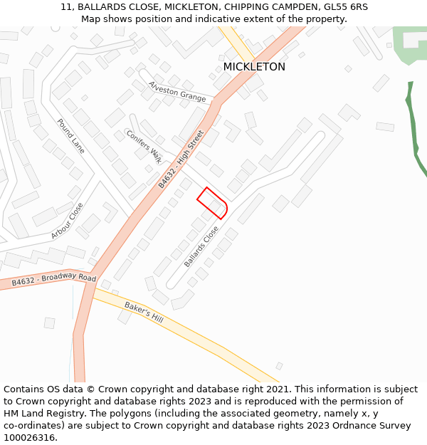 11, BALLARDS CLOSE, MICKLETON, CHIPPING CAMPDEN, GL55 6RS: Location map and indicative extent of plot