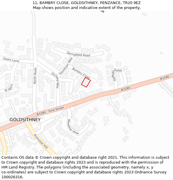 11, BAMBRY CLOSE, GOLDSITHNEY, PENZANCE, TR20 9EZ: Location map and indicative extent of plot