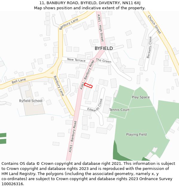 11, BANBURY ROAD, BYFIELD, DAVENTRY, NN11 6XJ: Location map and indicative extent of plot