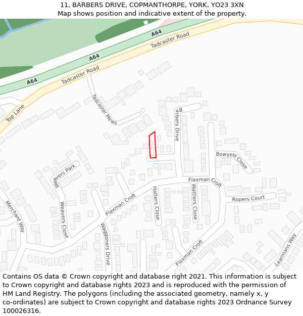11, BARBERS DRIVE, COPMANTHORPE, YORK, YO23 3XN: Location map and indicative extent of plot