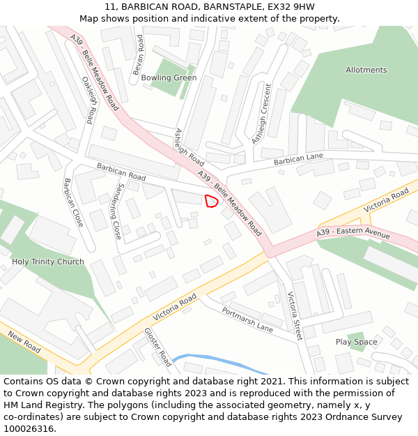 11, BARBICAN ROAD, BARNSTAPLE, EX32 9HW: Location map and indicative extent of plot