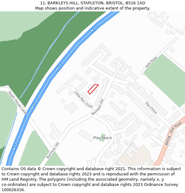 11, BARKLEYS HILL, STAPLETON, BRISTOL, BS16 1AD: Location map and indicative extent of plot