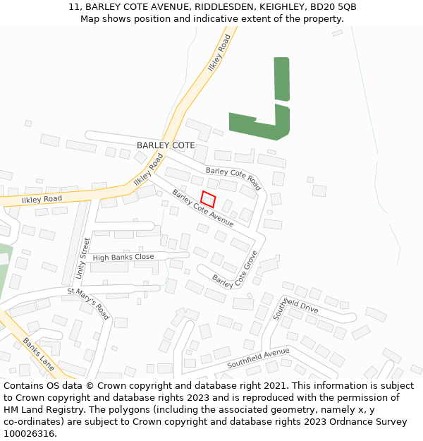 11, BARLEY COTE AVENUE, RIDDLESDEN, KEIGHLEY, BD20 5QB: Location map and indicative extent of plot