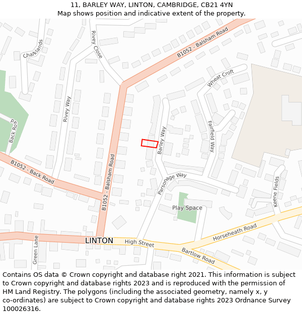 11, BARLEY WAY, LINTON, CAMBRIDGE, CB21 4YN: Location map and indicative extent of plot