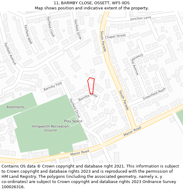 11, BARMBY CLOSE, OSSETT, WF5 0DS: Location map and indicative extent of plot